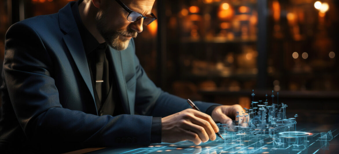 Portrait of an adult IT engineer working in office using modern digital technologies, generated AI
